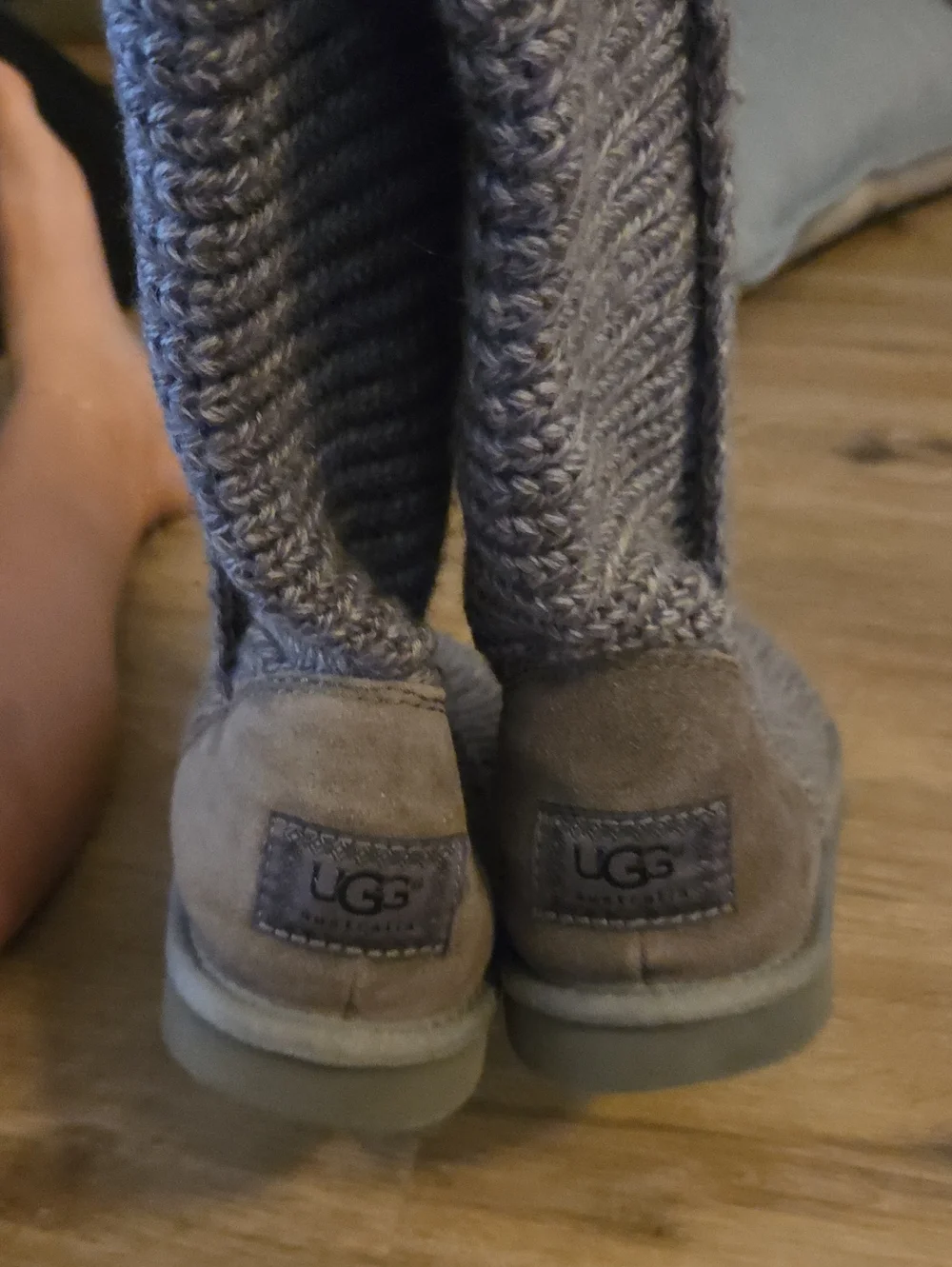 UGG Gray Knit Suede Back Logo Knee-High Slipper Boots